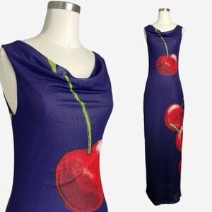 Muma World NWT Night Cherry Midi Dress sheer mesh cherry coded Y2K bold S